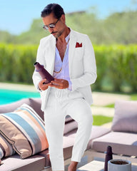 Linen single breasted men's suit two - piece summer jacket pants slim fit casual business wedding groom tailcoat formal work wear - SHOWLU FASHION STORE