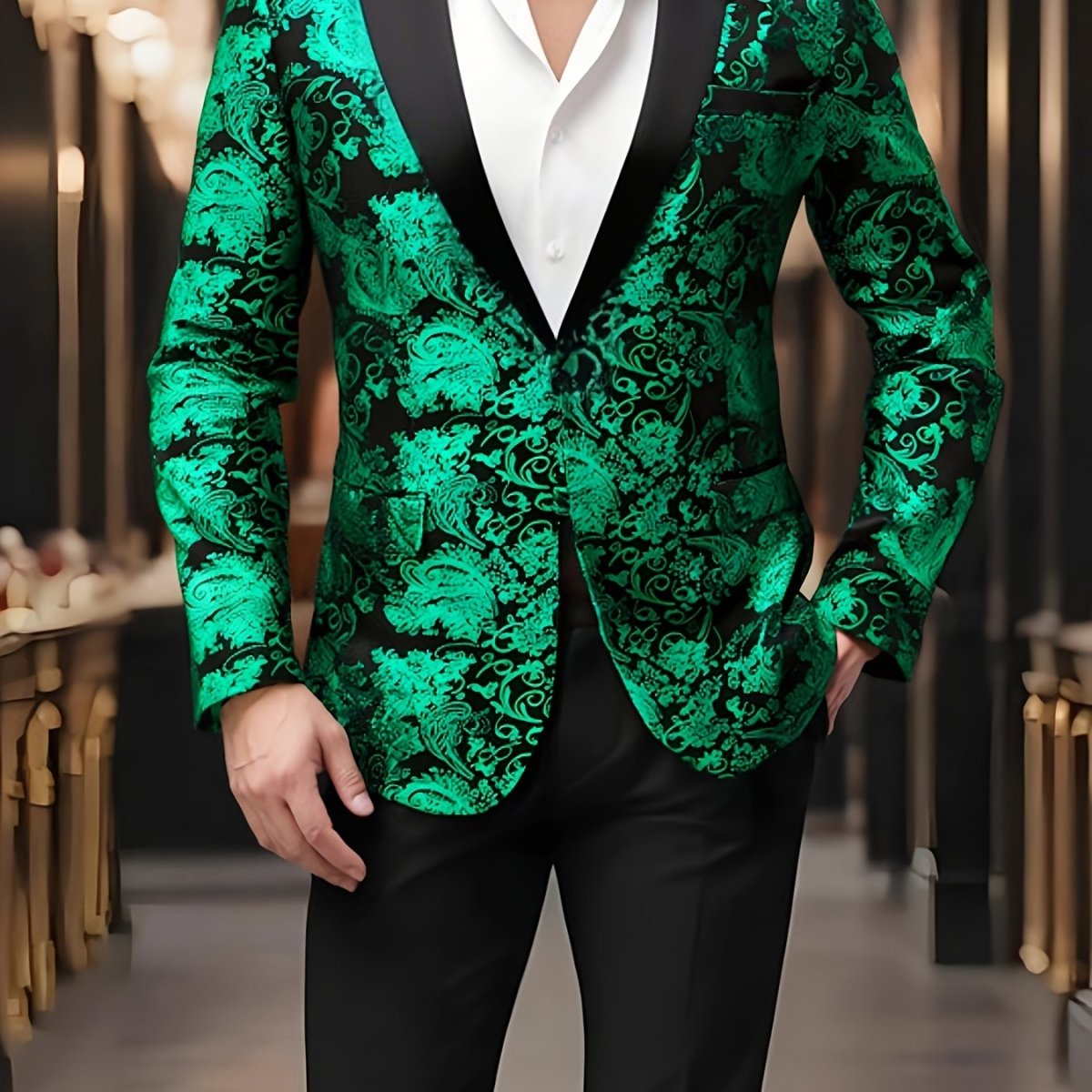 Men's red paisley blazer by SHOWLU FASHION STORE, one-button polyester suit jacket with lapel collar, ideal for weddings and casual wear.