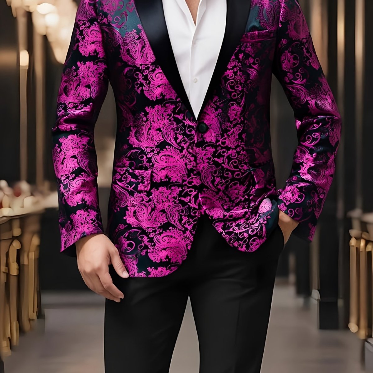 Men's red paisley blazer by SHOWLU FASHION, one-button polyester suit jacket with lapel collar, ideal for weddings and casual wear.