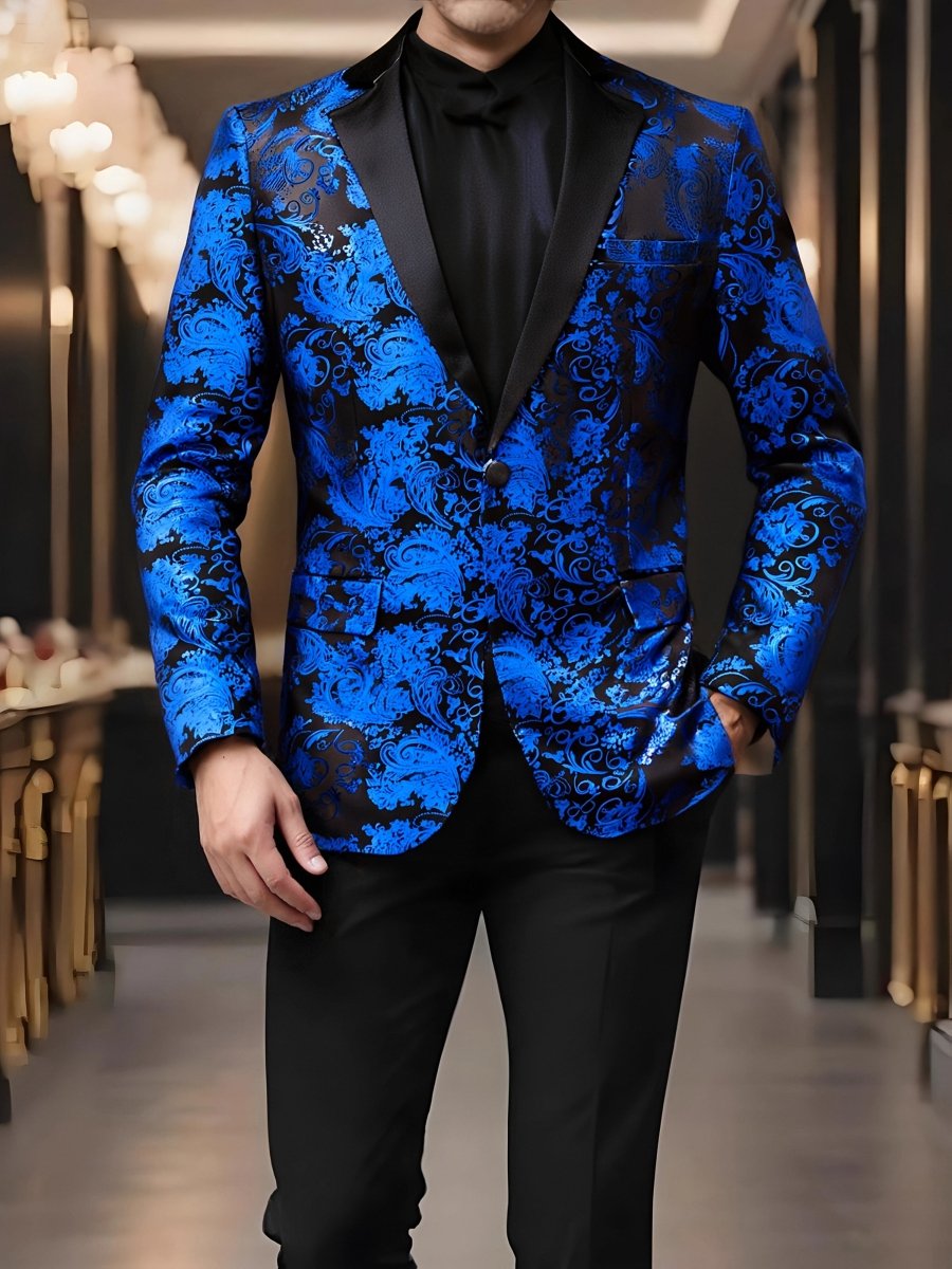 Men's red paisley blazer by SHOWLU FASHION STORE, one-button polyester suit jacket with lapel collar, ideal for weddings and casual wear.