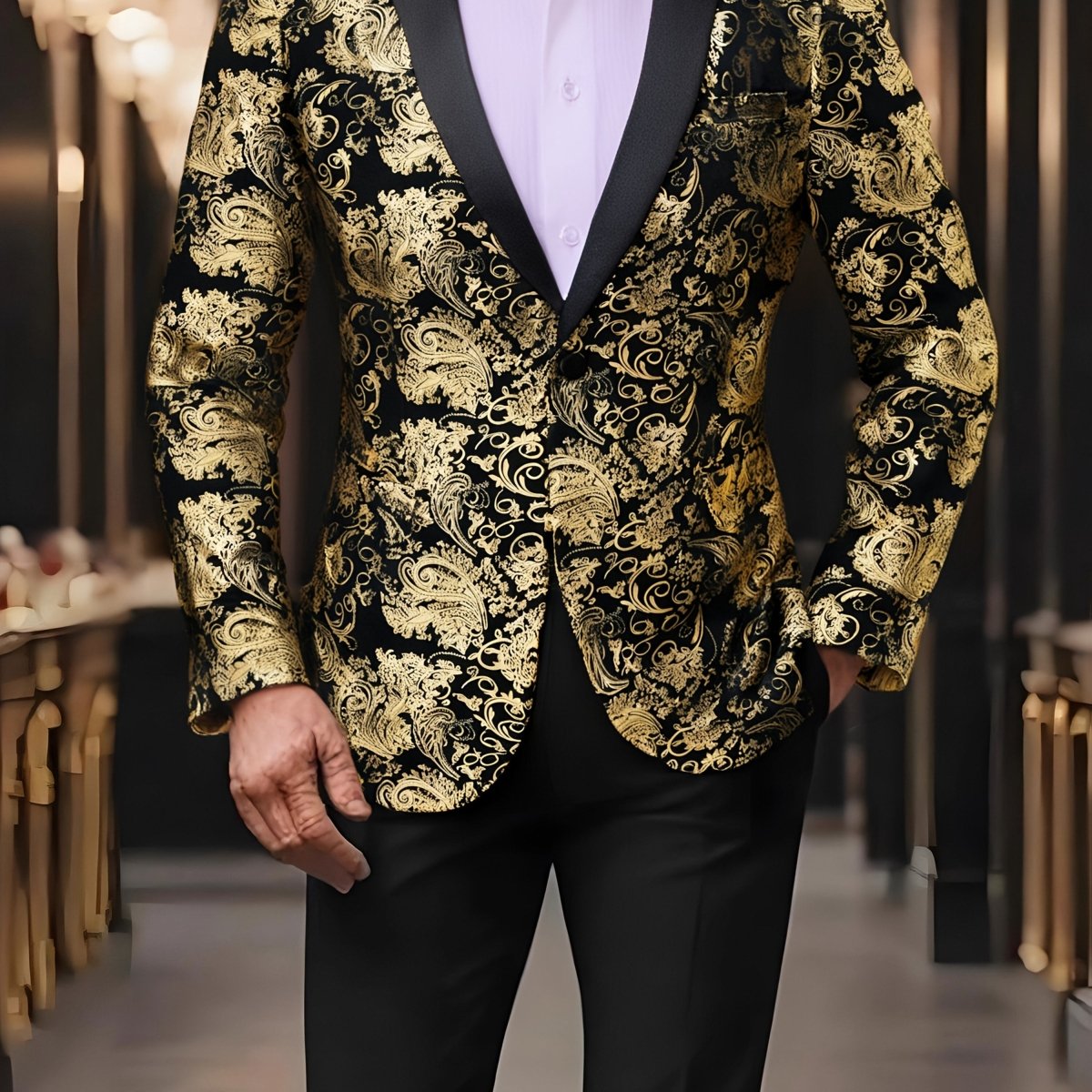 Men's red paisley blazer by SHOWLU FASHION STORE, one-button polyester suit jacket with lapel collar, suitable for weddings and casual wear.