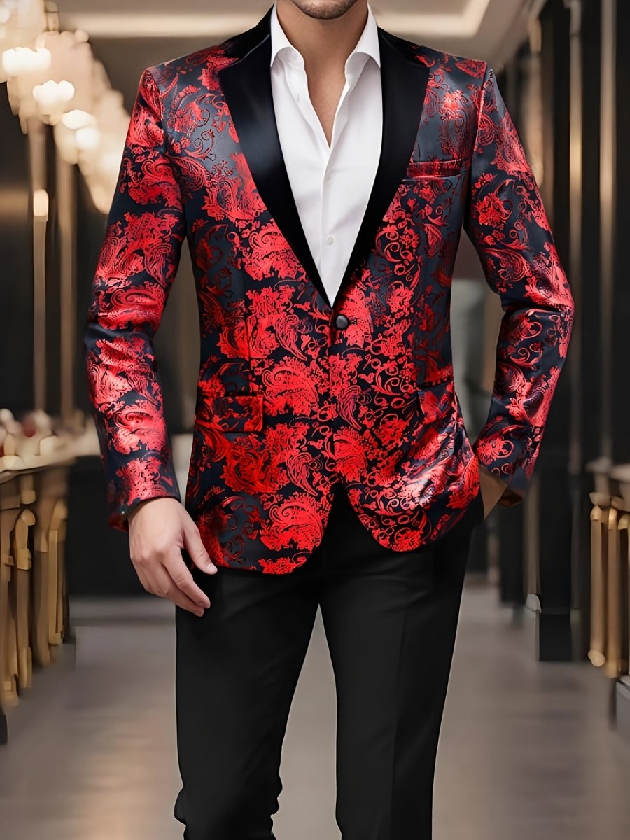Men's red paisley blazer by SHOWLU FASHION, one-button polyester suit jacket with lapel collar and stylish paisley pattern.