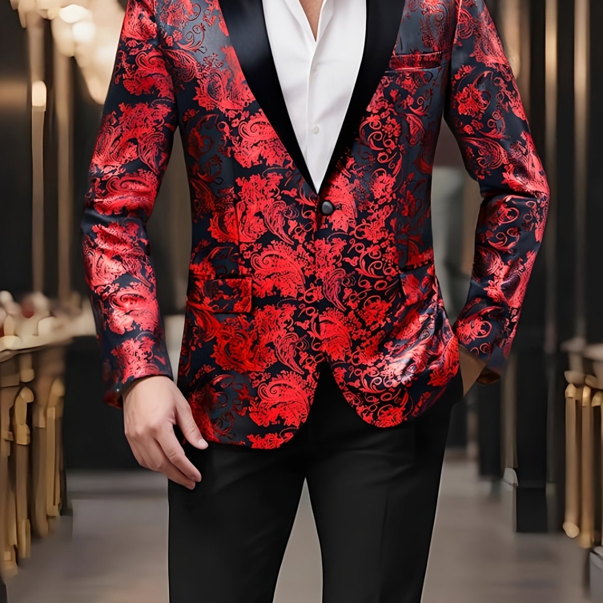 Men's red paisley blazer by SHOWLU FASHION STORE, one-button polyester suit jacket with lapel collar, ideal for weddings and casual wear.