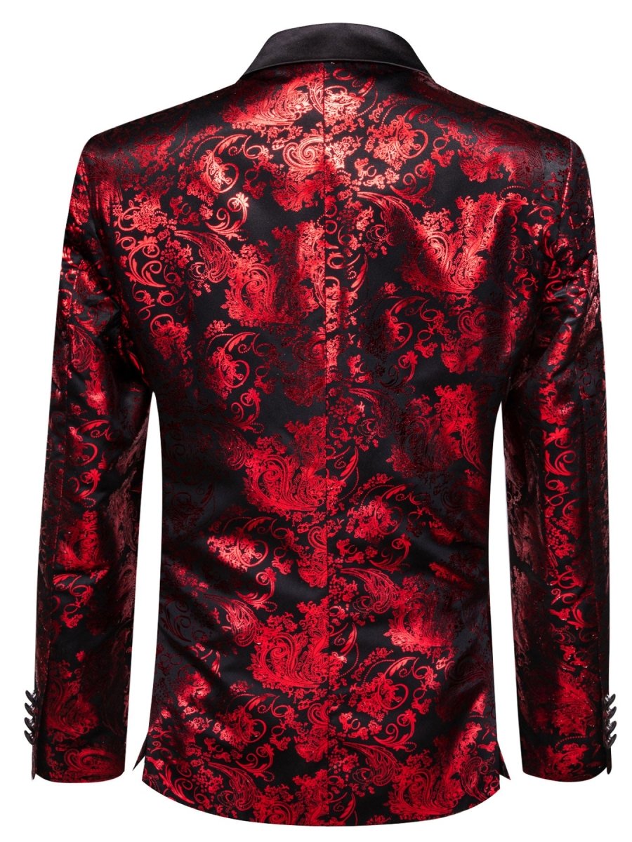 Men's red paisley blazer by SHOWLU FASHION STORE, one-button polyester suit jacket with lapel collar and casual style.