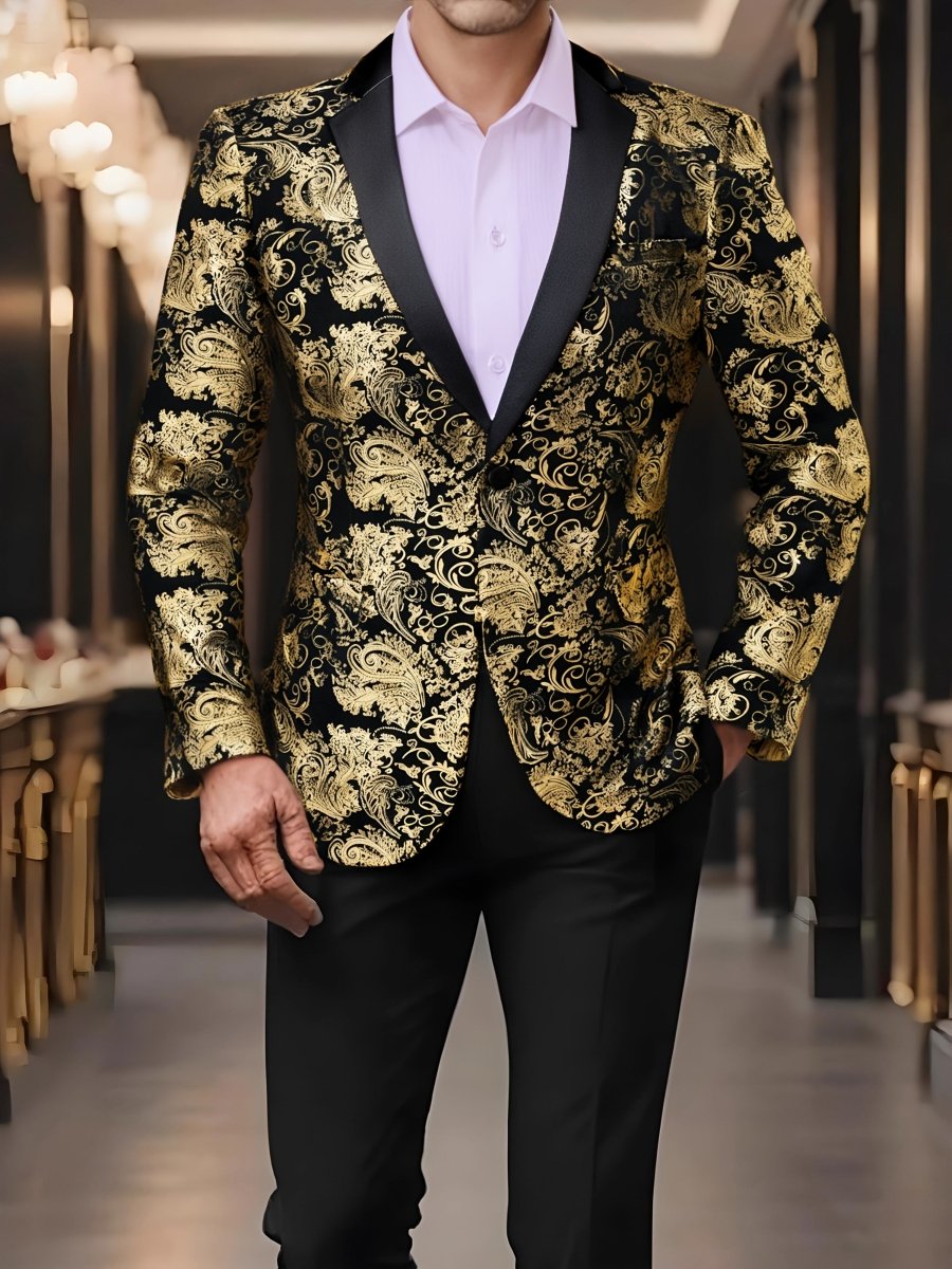 Men's red paisley blazer by SHOWLU FASHION STORE featuring a one-button polyester suit jacket with lapel collar and intricate paisley pattern.