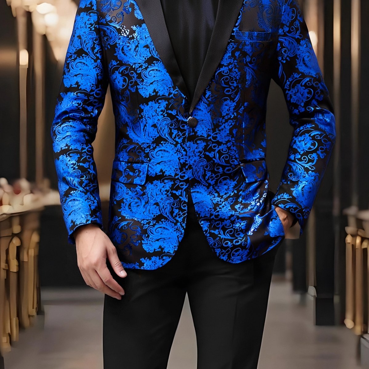 Men's red paisley blazer by SHOWLU FASHION STORE featuring a one-button polyester suit jacket with lapel collar and stylish pattern.