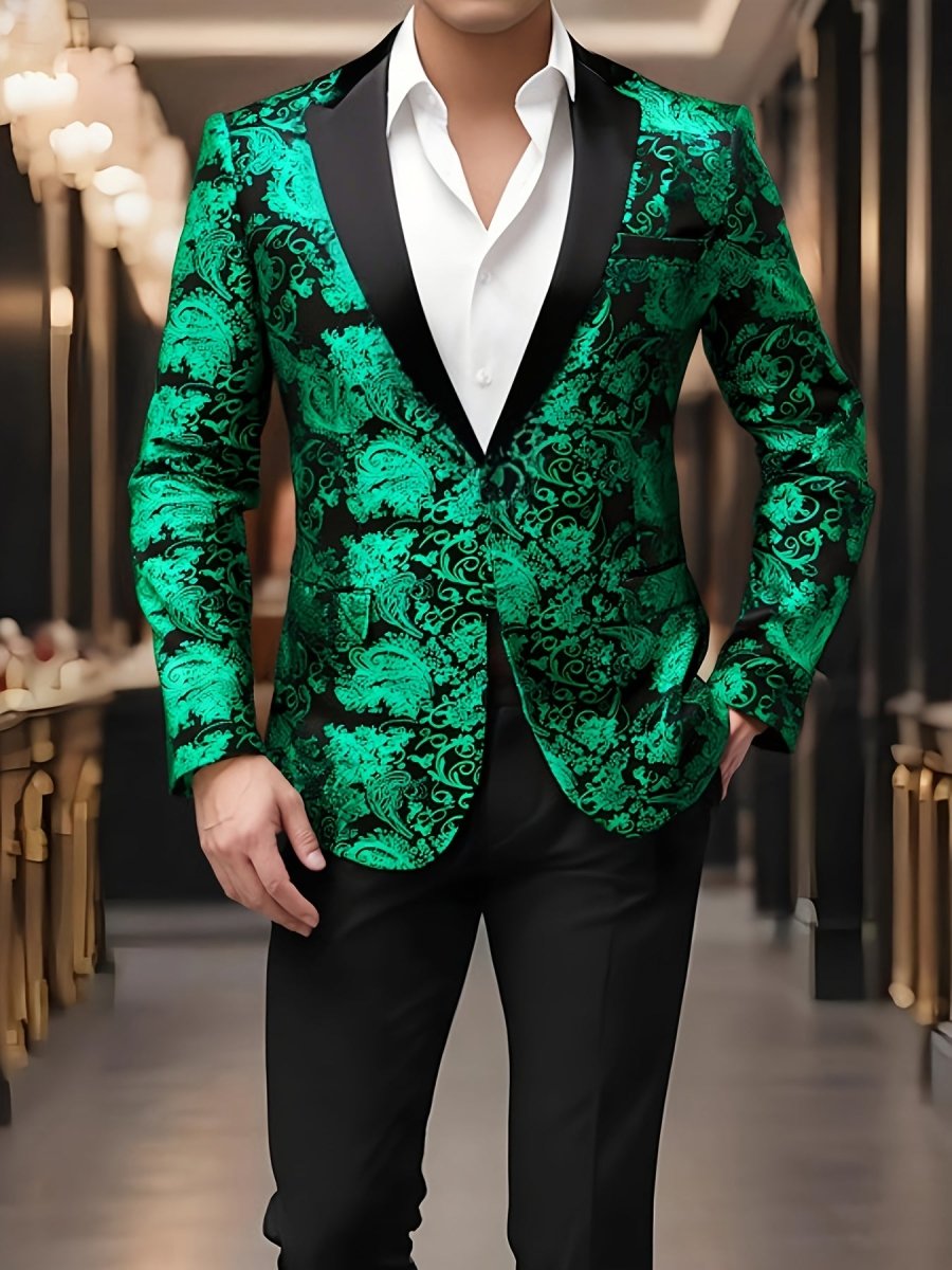 Men's red paisley blazer by SHOWLU FASHION, one-button polyester suit jacket with lapel collar, ideal for weddings and casual wear.