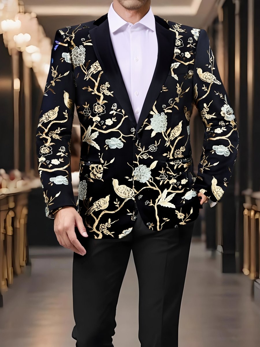 Men's floral single-breasted tuxedo blazer with bow tie, SHOWLU FASHION, casual and wedding wear, regular fit, floral design.