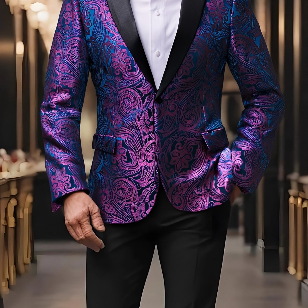 Men's floral single-breasted tuxedo blazer with bow tie, SHOWLU FASHION, featuring a stylish floral design for casual or wedding wear