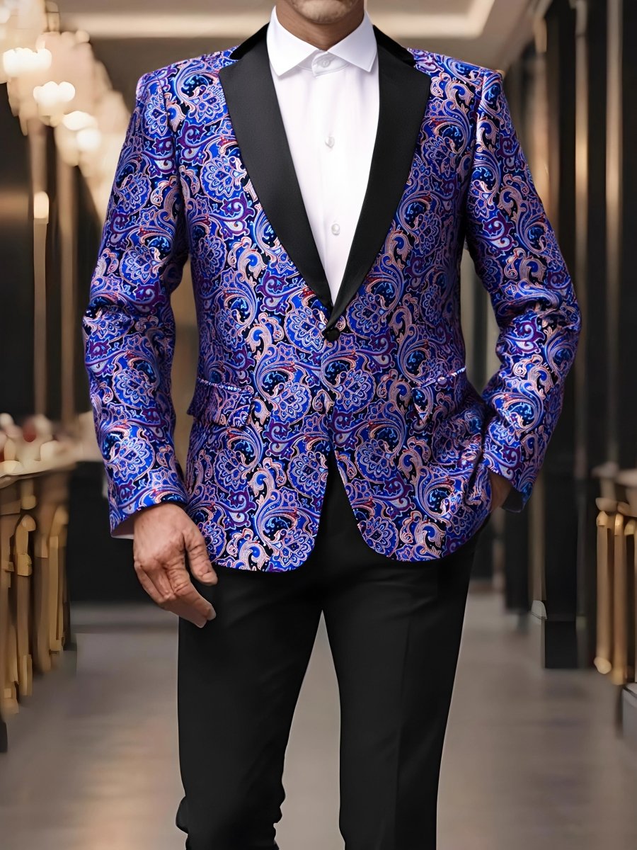 Men's floral single-breasted tuxedo blazer by SHOWLU FASHION with matching bow tie, casual and wedding-ready style.
