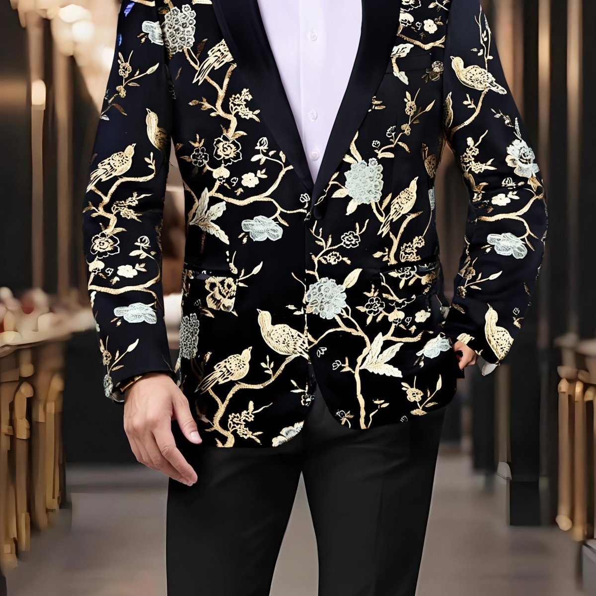 Men's floral single-breasted tuxedo blazer with bow tie, SHOWLU FASHION, casual and wedding attire, regular fit, floral design.