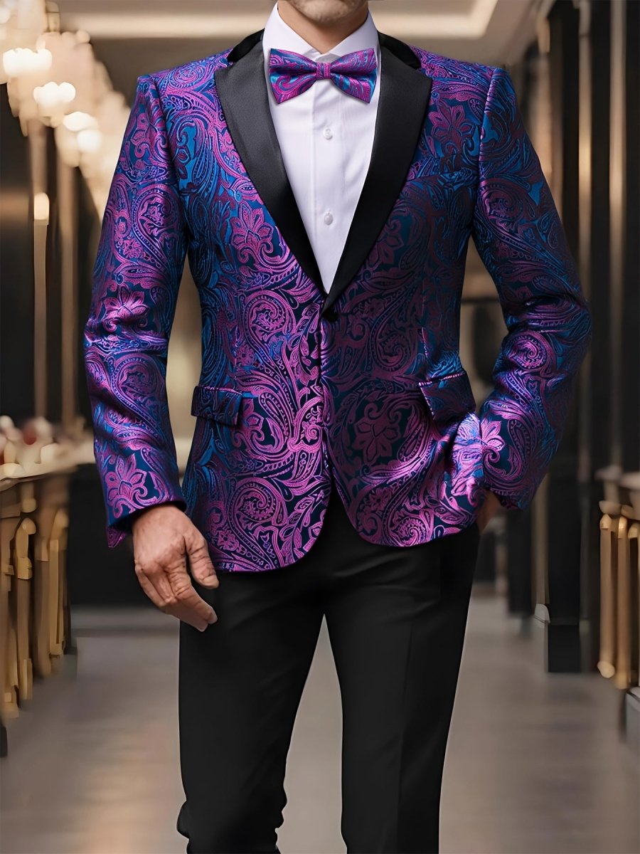 Men's floral single-breasted tuxedo blazer with bow tie, SHOWLU FASHION, casual or wedding wear, regular fit, vibrant floral design