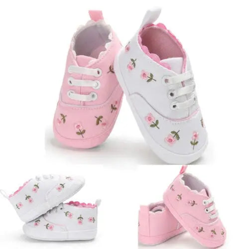 Lioraitiin baby girl flower canvas sneakers with soft soles, infant crib shoes, cute toddler footwear, Showlu Fashion Store.