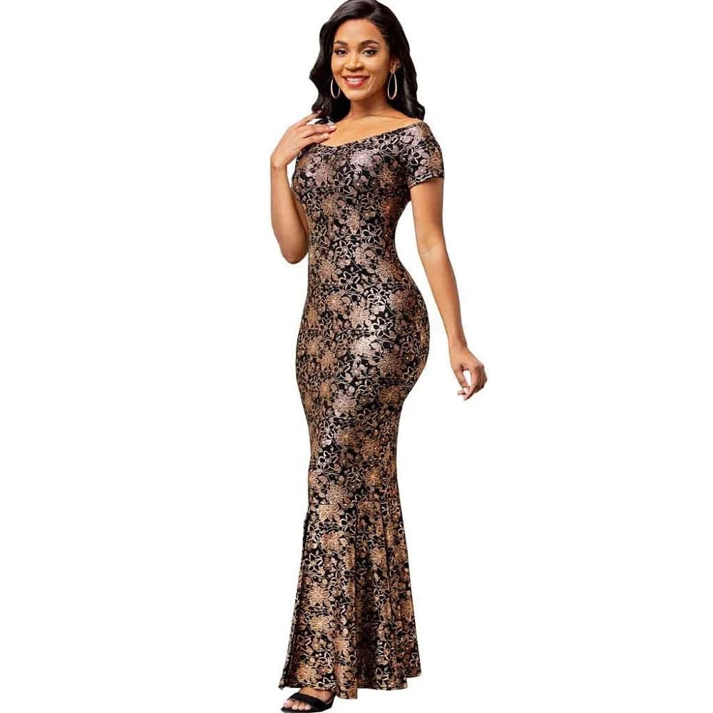 Elegant off-the-shoulder maxi dress by SHOWLU FASHION STORE featuring a geometric slit design and floral details for women.