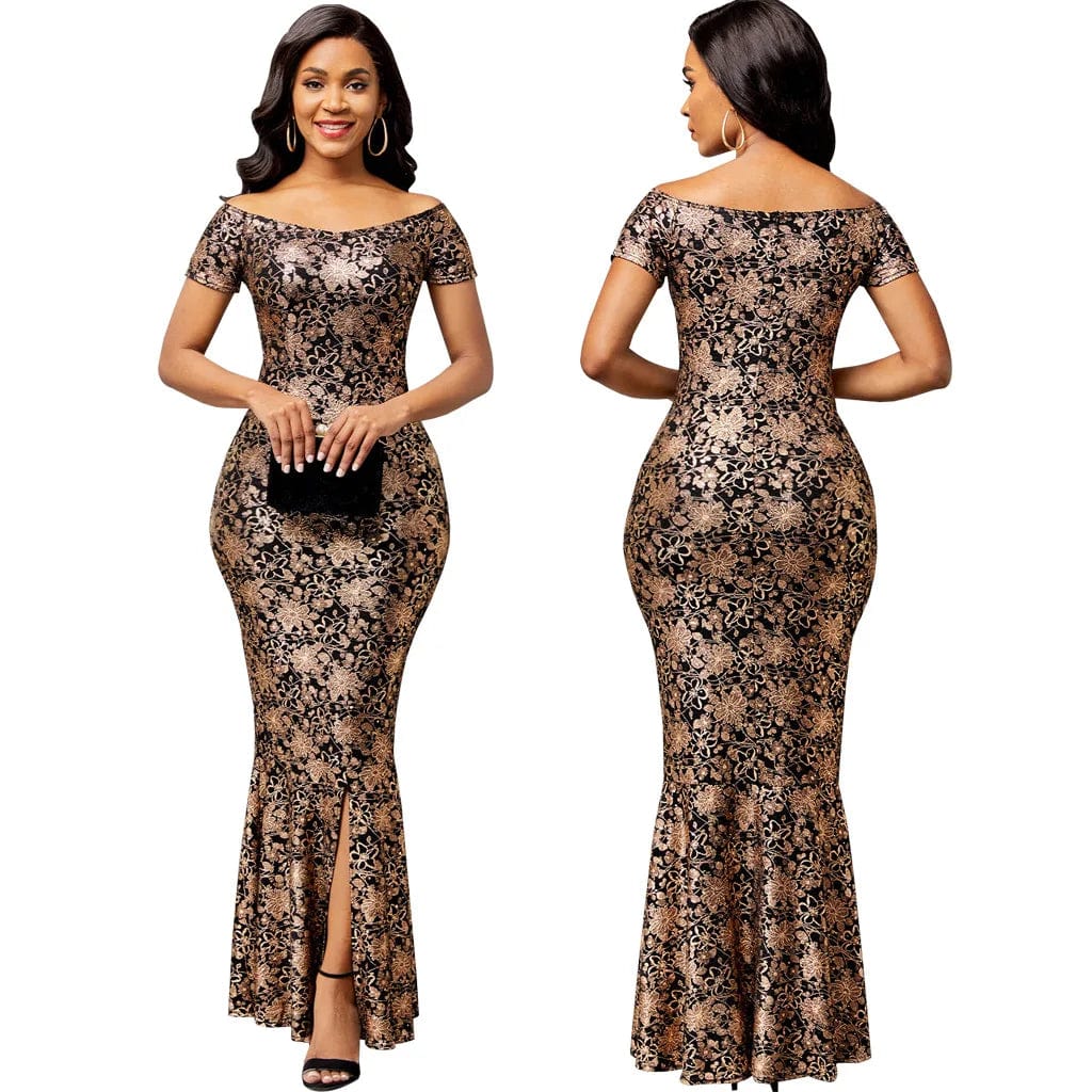 SHOWLU FASHION STORE YOZIHAYLE off-the-shoulder maxi dress with geometric slit, elegant floral design, perfect for stylish evening events.
