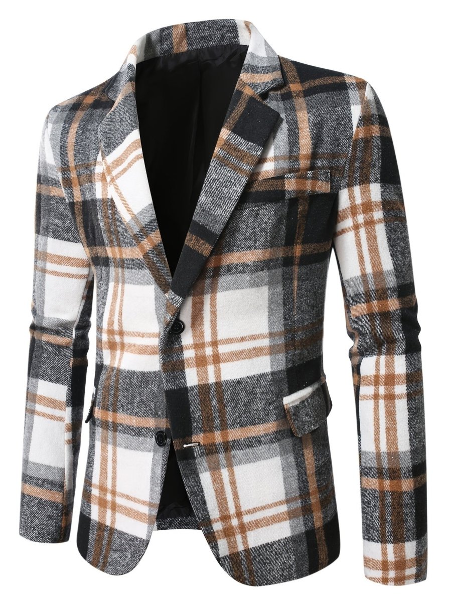 Men's plaid brushed blazer by SHOWLU FASHION, long sleeve polyester jacket ideal for casual fall and winter wear.
