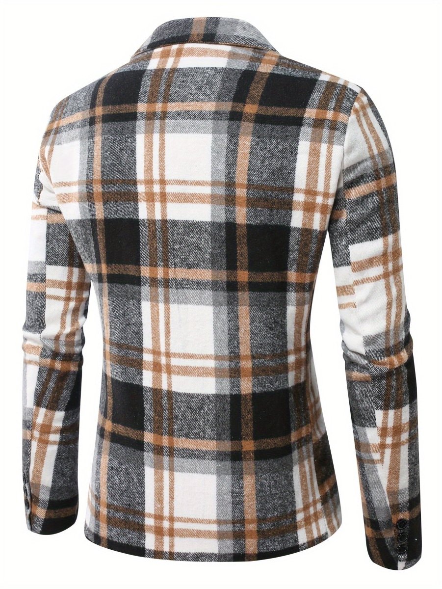 Men's plaid brushed blazer by SHOWLU FASHION, long-sleeve polyester jacket ideal for fall and winter casual wear.