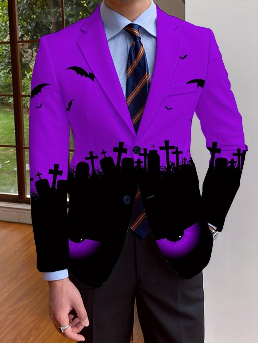 SHOWLU FASHION men's Halloween print suit jacket, long-sleeve, single-breasted polyester blazer with Halloween-themed design.