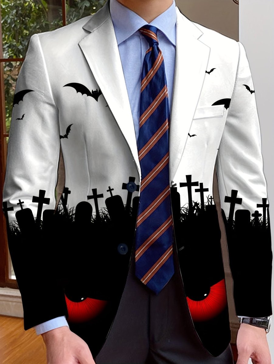 SHOWLU FASHION men's Halloween print suit jacket, single-breasted, long sleeve, polyester with Halloween-themed design for all seasons.