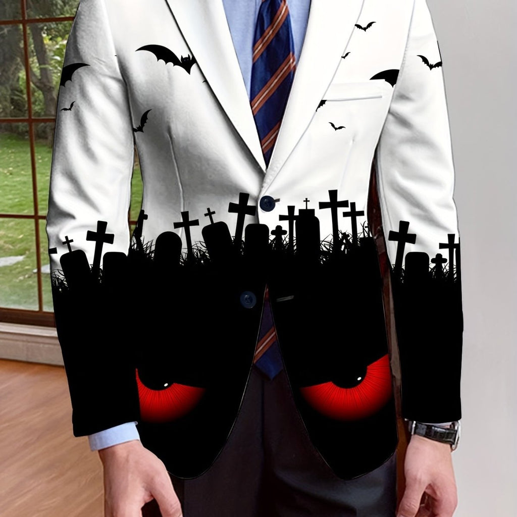 SHOWLU FASHION men's Halloween print suit jacket, long-sleeve, single-breasted polyester with spooky theme and subtle stretch.