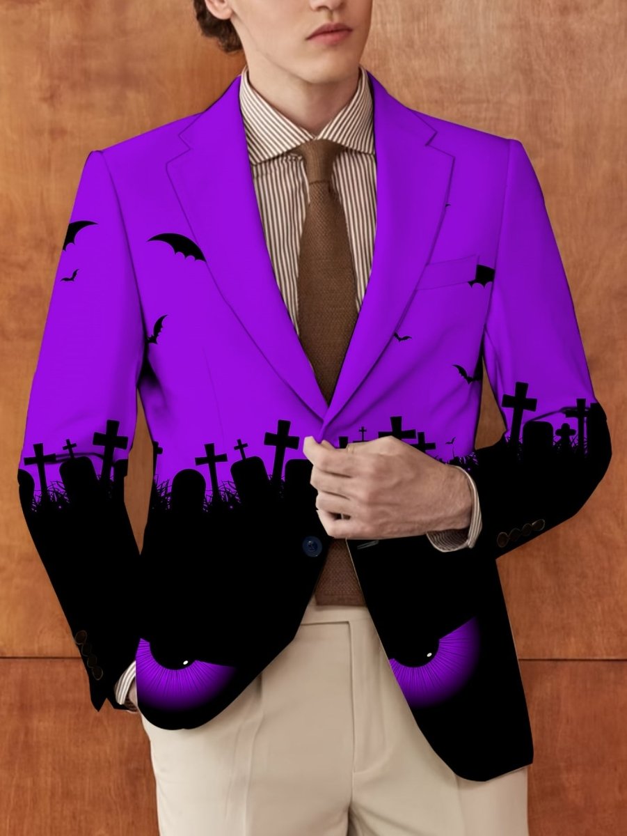 SHOWLU FASHION men's Halloween print suit jacket, long-sleeve, single-breasted polyester design with Halloween-themed print and mature style.