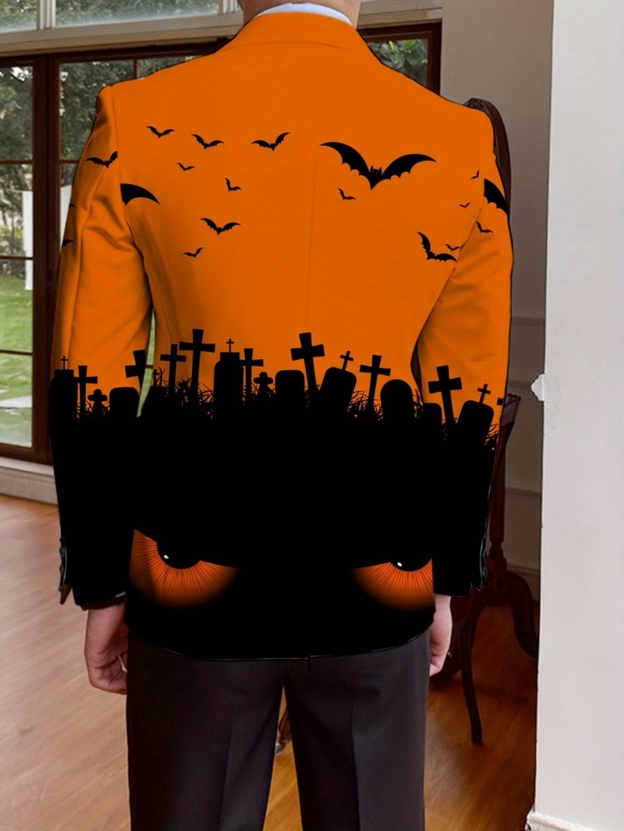 SHOWLU FASHION men's Halloween print suit jacket, long-sleeve, single-breasted, all-season polyester with spooky Halloween theme.