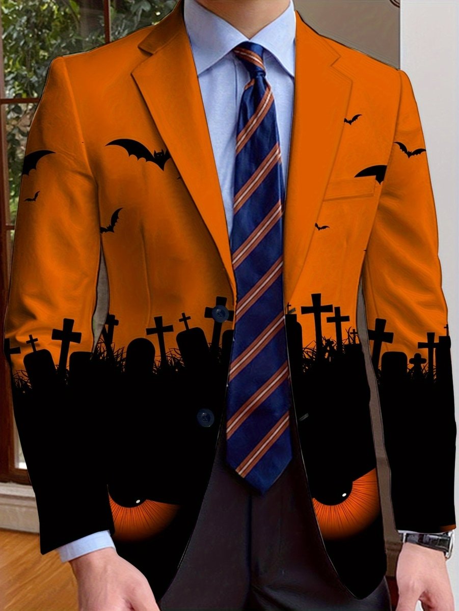 SHOWLU FASHION men's Halloween print suit jacket, long-sleeve, single-breasted with Halloween-themed pattern, all-season polyester.
