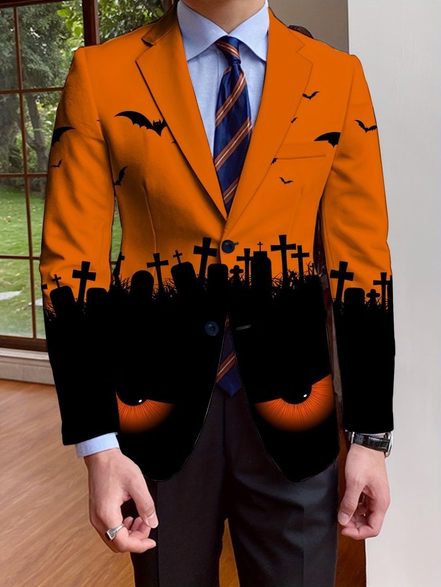 SHOWLU FASHION men's Halloween print suit jacket, long-sleeve, single-breasted polyester jacket with spooky themed print.
