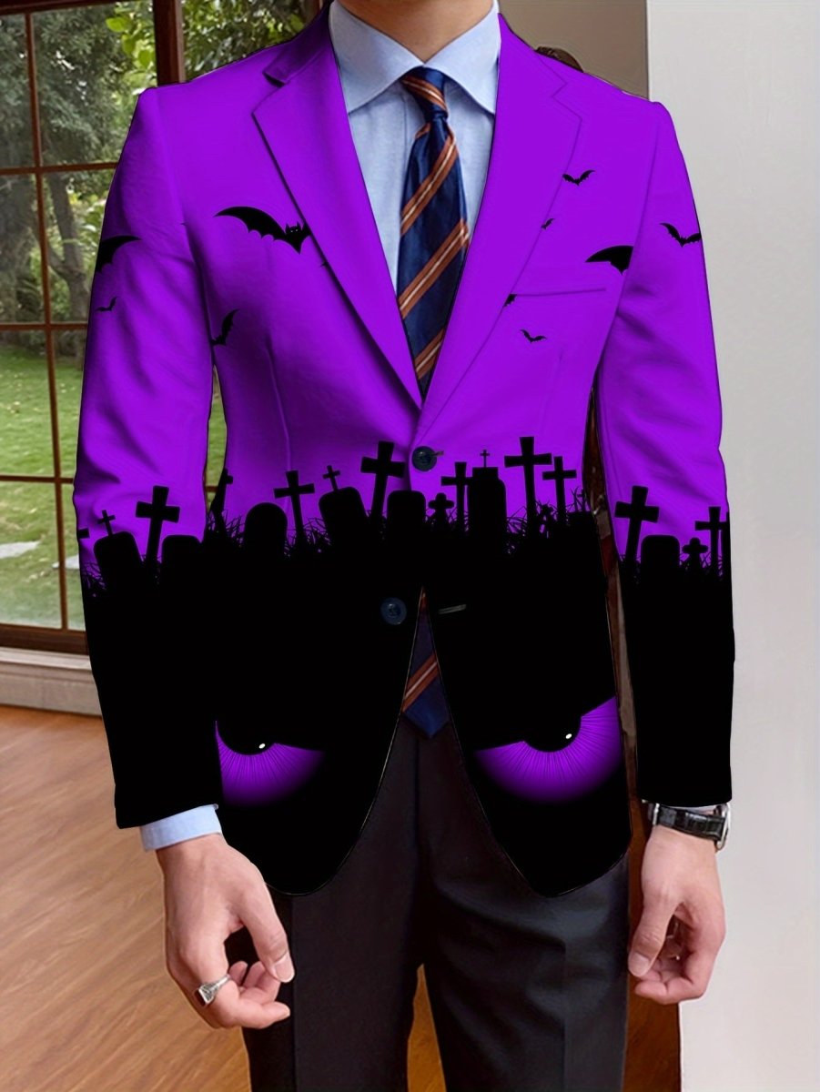 SHOWLU FASHION men's Halloween print suit jacket with long sleeves, single-breasted design, polyester fabric, and Halloween-themed pattern.