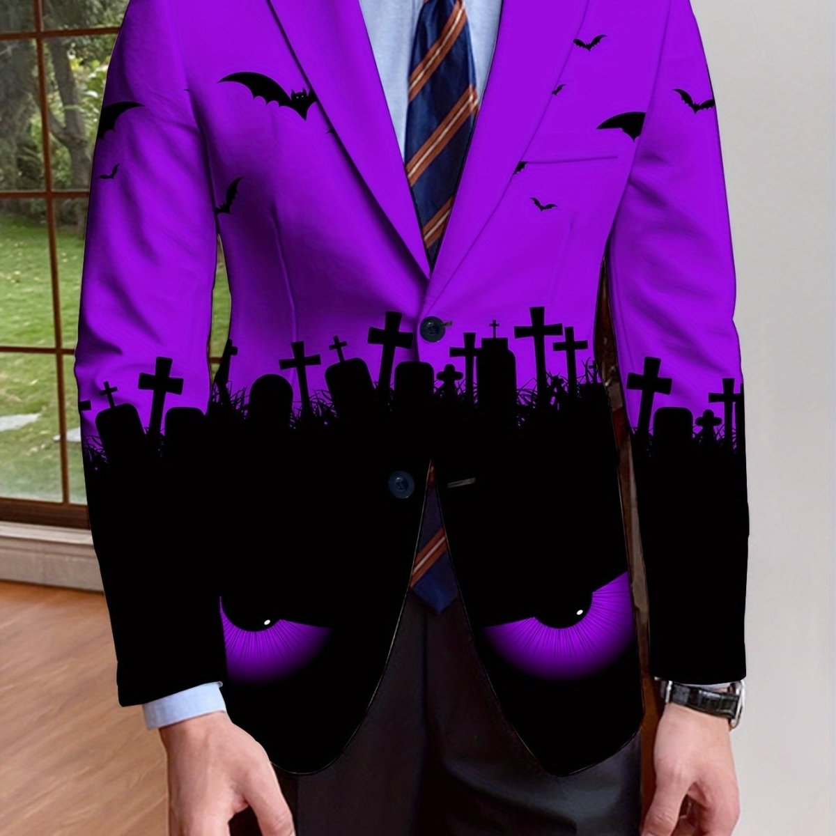 SHOWLU FASHION men's Halloween print suit jacket, long-sleeve, single-breasted with Halloween-themed design, all-season polyester fabric