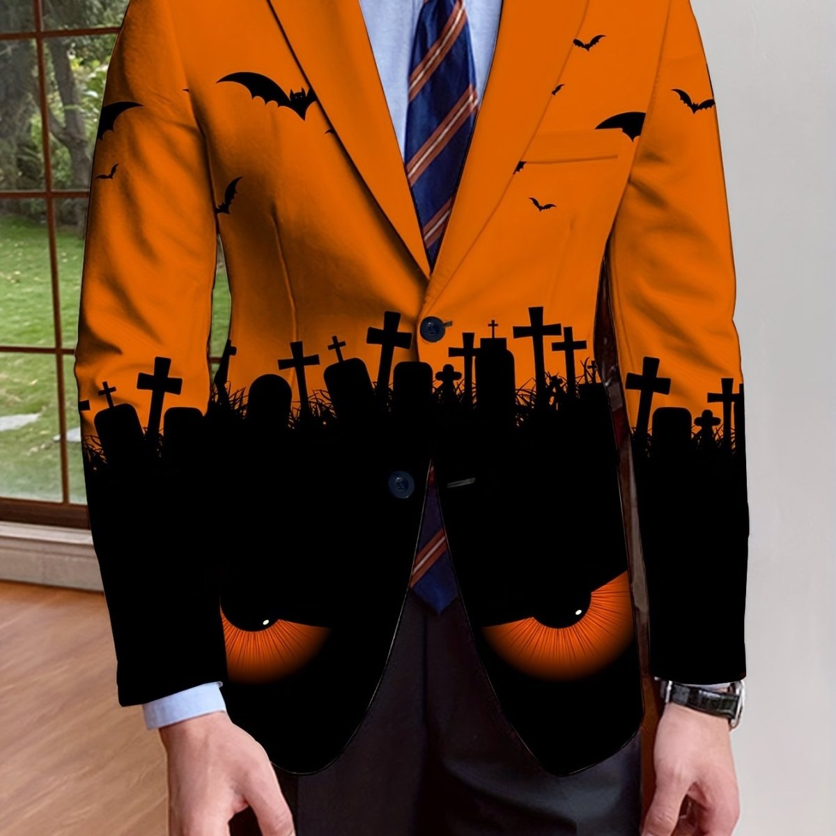 SHOWLU FASHION men's Halloween print suit jacket, long-sleeve, single-breasted polyester with spooky Halloween theme design.