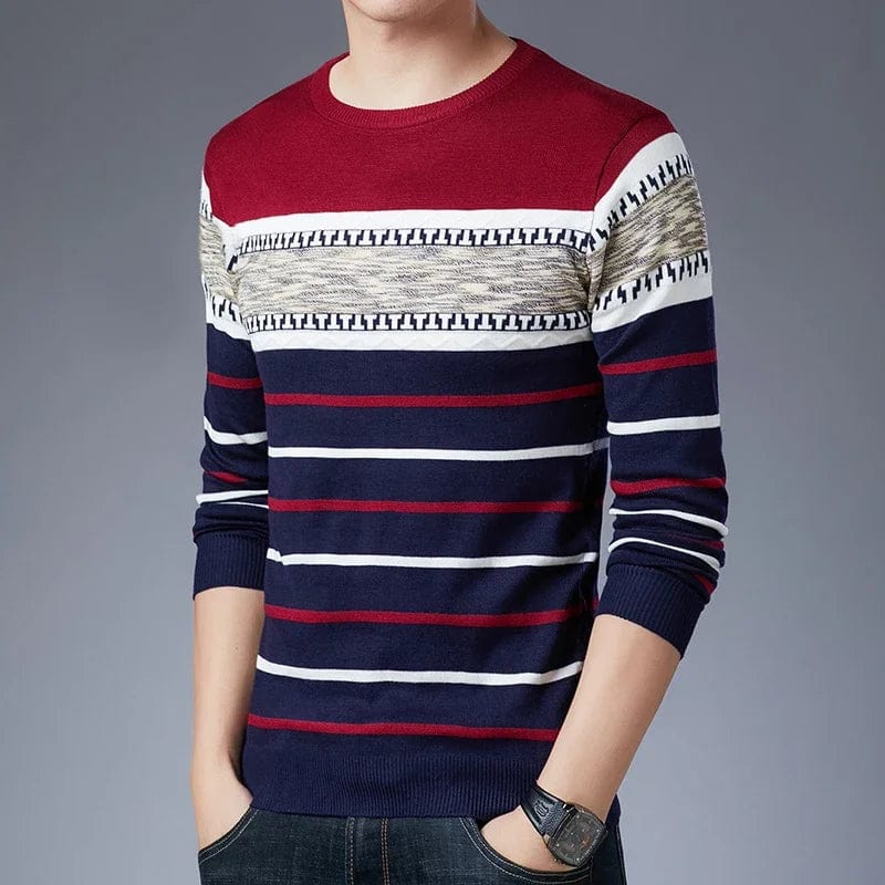 Showlu men's striped knit pullover sweater with long sleeves and casual O-neck, suitable for autumn and winter wear.
