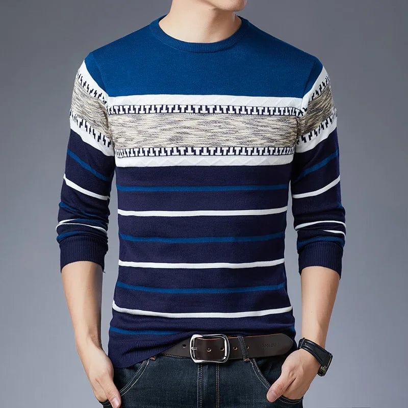 Showlu men's striped knit pullover sweater with long sleeves, casual O-neck design, ideal for autumn and winter wear.