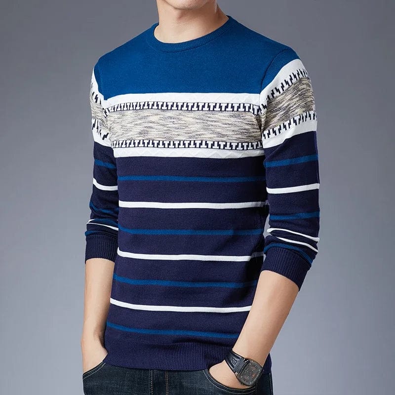 Showlu men's striped knit pullover with long sleeves, casual O-neck sweater, perfect for autumn and winter wear.