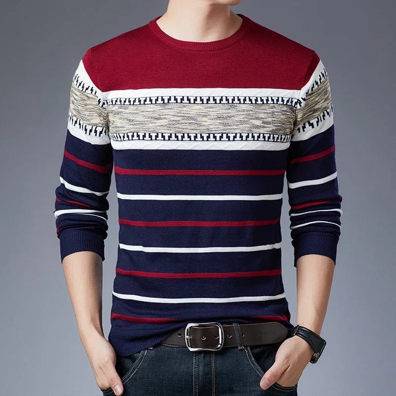 Showlu men's striped knit pullover sweater with long sleeves and casual O-neck design, perfect for autumn and winter.