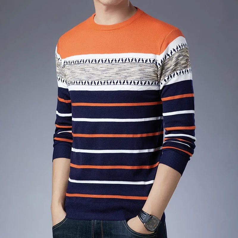 Showlu Men's striped knit pullover sweater with long sleeves and casual O-neck design, suitable for autumn and winter wear.
