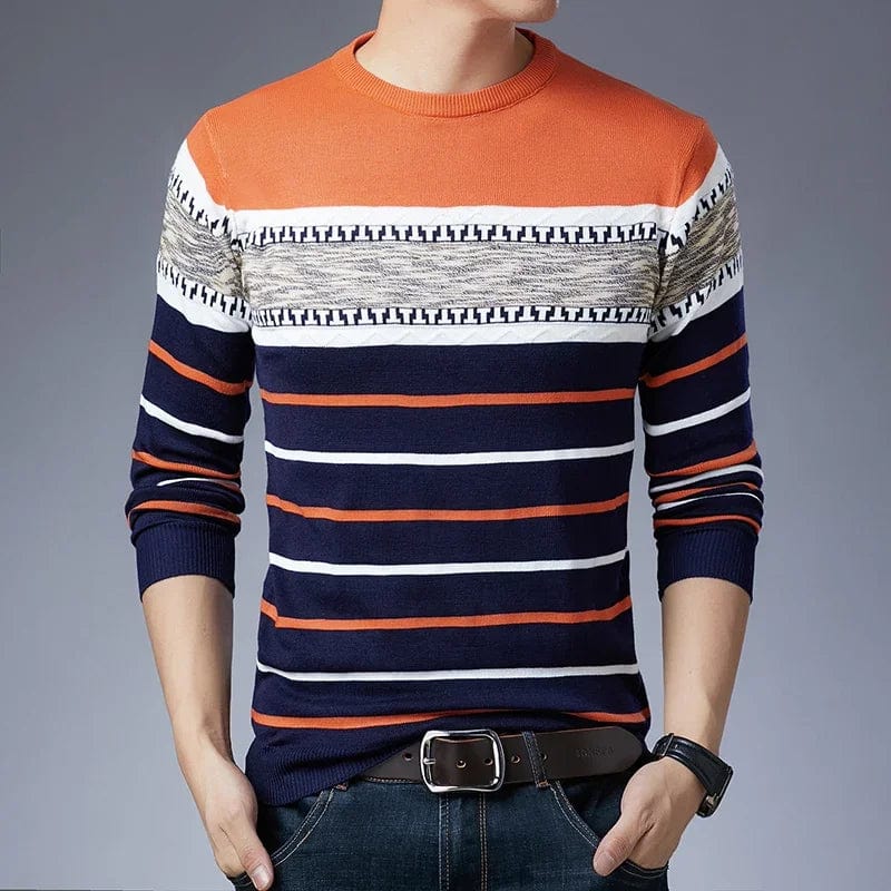 Showlu Men's striped knit pullover with long sleeves and O-neck, perfect for casual autumn and winter wear.