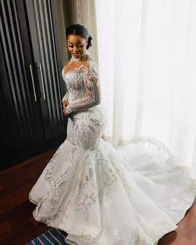 SHOWLU FASHION MERMAID V-Neck Wedding Dress with satin lace fabric, high-quality train, and elegant shoulder design.