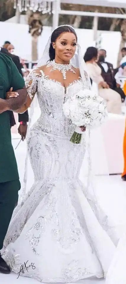 SHOWLU FASHION MERMAID V-Neck Wedding Dress with satin lace fabric, high-quality train, and elegant shoulder design.