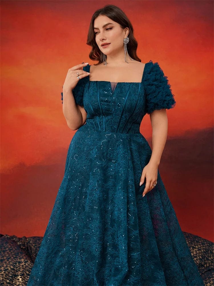 Blue sequined plus size evening dress by Lucyinlove, featuring short sleeves and an elegant A-line silhouette for parties and special occasions.