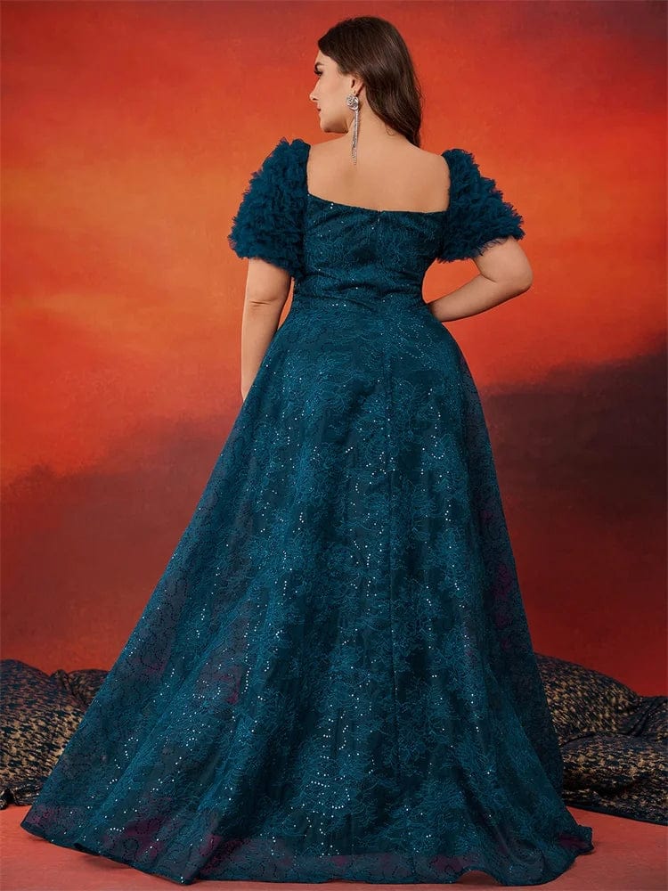 Blue sequin plus size evening dress by Lucyinlove, elegant short-sleeve A-line gown perfect for parties and special occasions.