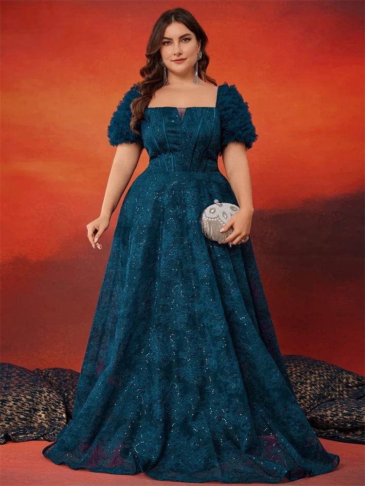 Blue sequin evening dress by Lucyinlove, plus size A-line party gown with short sleeves and luxurious split design.