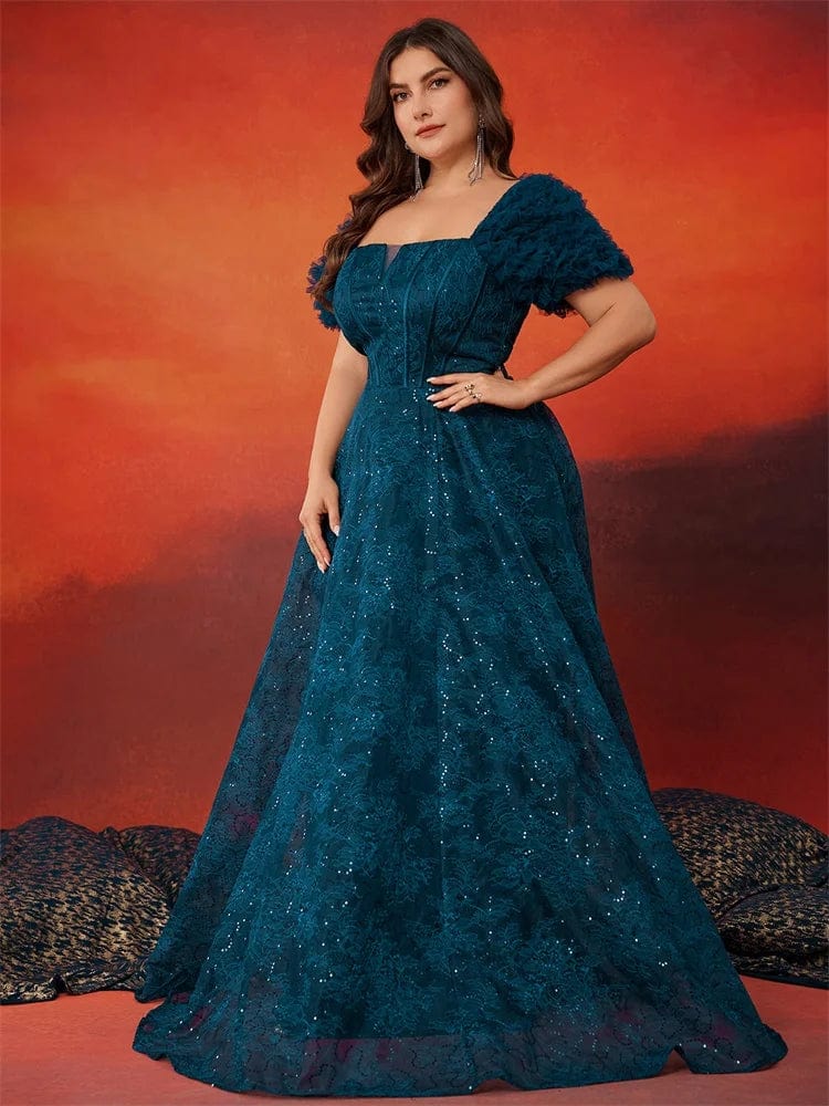 Plus size blue sequin evening dress by SHOWLU FASHION STORE, elegant short-sleeve A-line gown with luxury split detail.