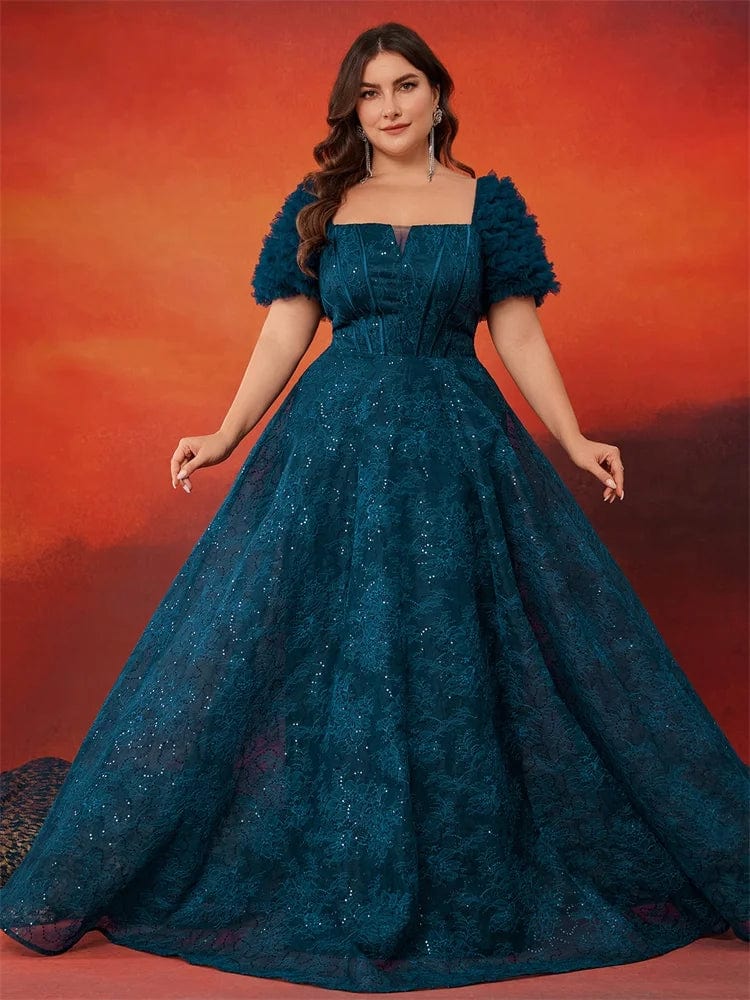Blue sequin plus size evening dress by Lucyinlove, A-line party gown with short sleeves and elegant split design.