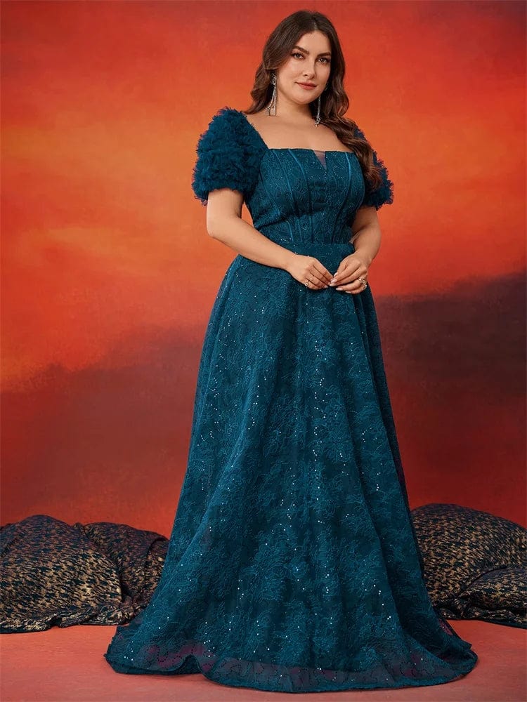 Blue sequin evening dress by Lucyinlove, plus size A-line party gown with short sleeves and elegant split design.