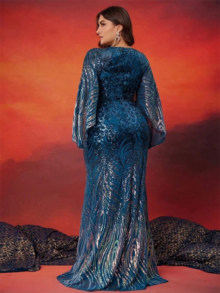 Blue sequin V-neck plus size formal evening gown by Lucy in Love, long sleeves, floor-length luxury dress for elegant events.