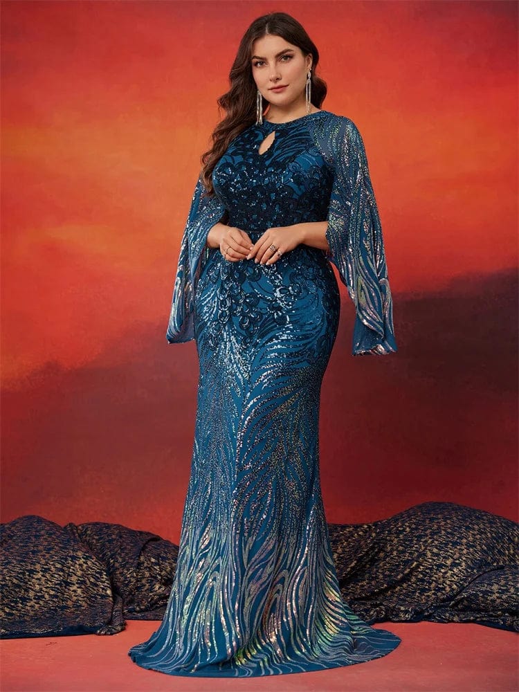 Blue sequin V-neck plus size evening gown by Lucy in Love, long sleeves, elegant formal dress for special occasions.