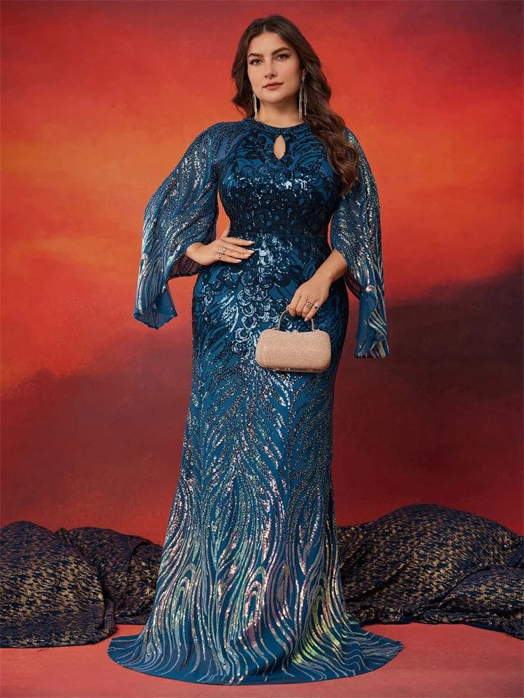 Blue sequin plus size evening gown by Lucy in Love, V-neck formal dress with long sleeves, perfect for prom or special occasions.