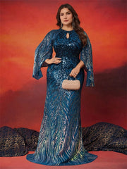 Lucyinlove Plus Size Elegant Long Sleeves Sequins Blue Evening Dress Women Luxury Formal Floor LenghtParty Prom Cocktail Gowns - SHOWLU FASHION STORE
