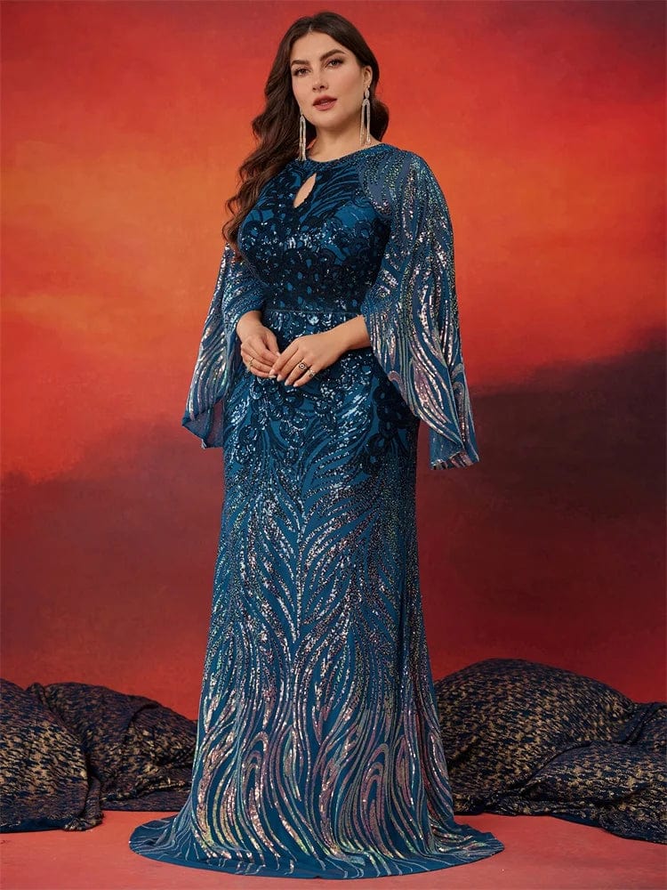 Blue sequin V-neck plus size evening gown by Lucy in Love, long-sleeve formal dress with elegant floor-length design.